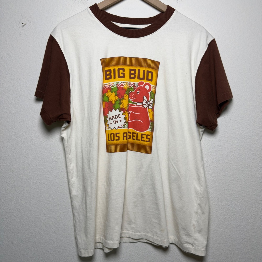 Big Bud Press Cotton Shirt XL White Brown Gummy Bear Ringer Tee Made in LA